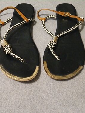 Black Braided Thong Sandals with Gold Toe Accent